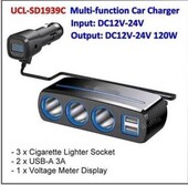 ΑΝΤΑΠΤΟΡΑΣ ΑΝΑΠΤΗΡΑ 3 ΘΕΣΕΩΝ+2 USB 120W 12/24V με βολτομετρο UCL-SD1939C