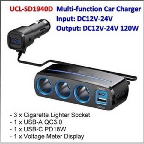 ΑΝΤΑΠΤΟΡΑΣ ΑΝΑΠΤΗΡΑ 3 ΘΕΣΕΩΝ+1 USB +1 TYPE C 120W 12/24V με βολτομετρο UCL-SD1940D